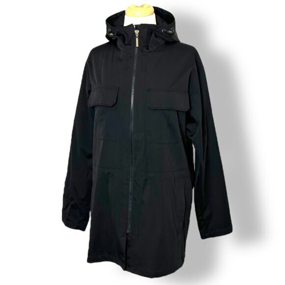 Dana Buchman Black Hooded Raincoat Zip Up Thigh Length Car Coat Jacket Sz M